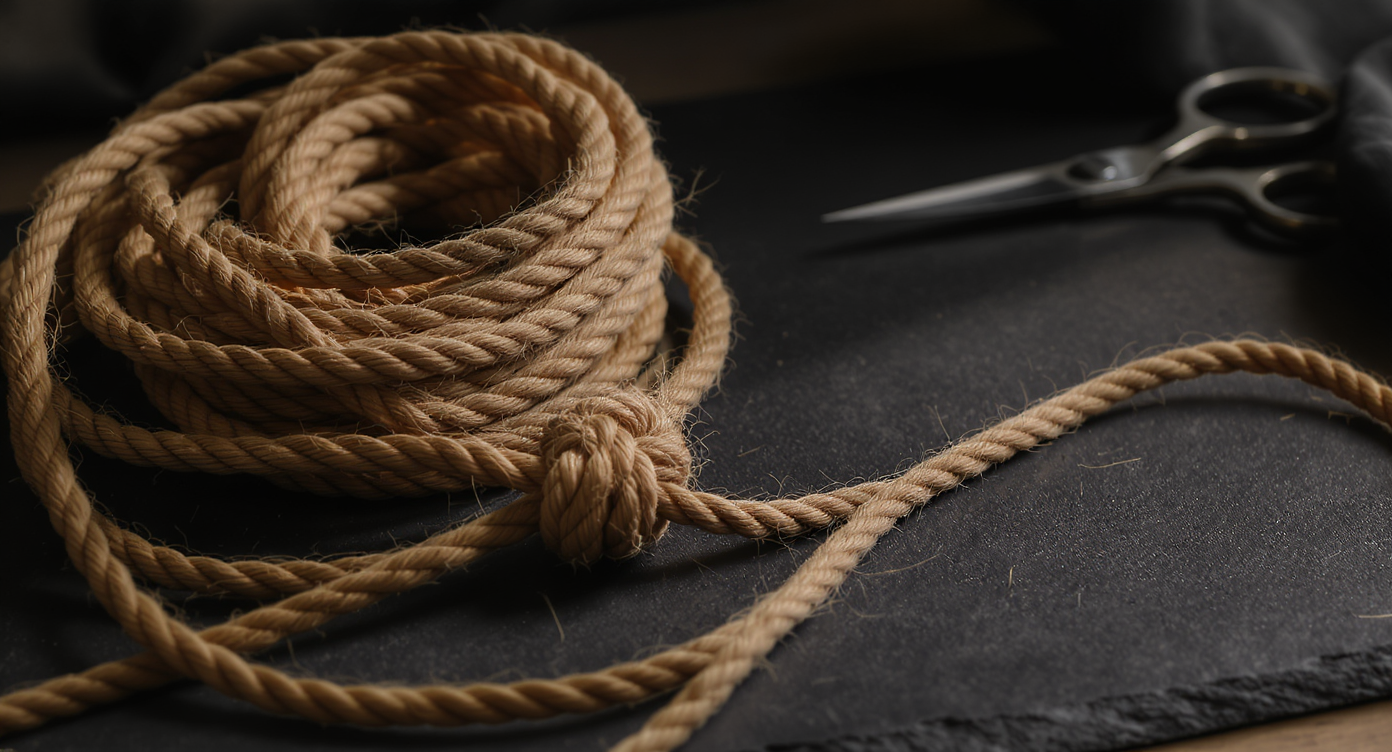 Mains qui manipulent une corde de jute sur fond noir, lumière tungstène